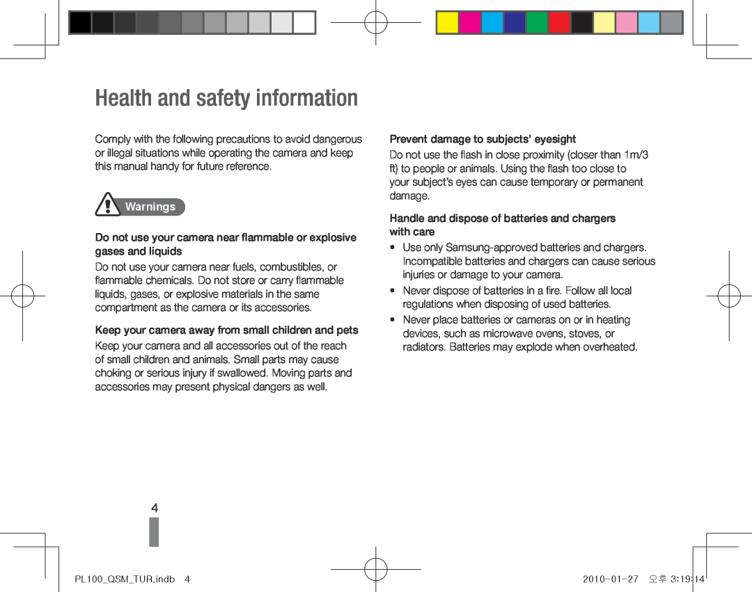 Samsung EC-PL100ZBPSGB, EC-PL101ZBDSE1, EC-PL100ZBPSE1, EC-PL100ZBPBZA manual Health and safety information, Warnings 