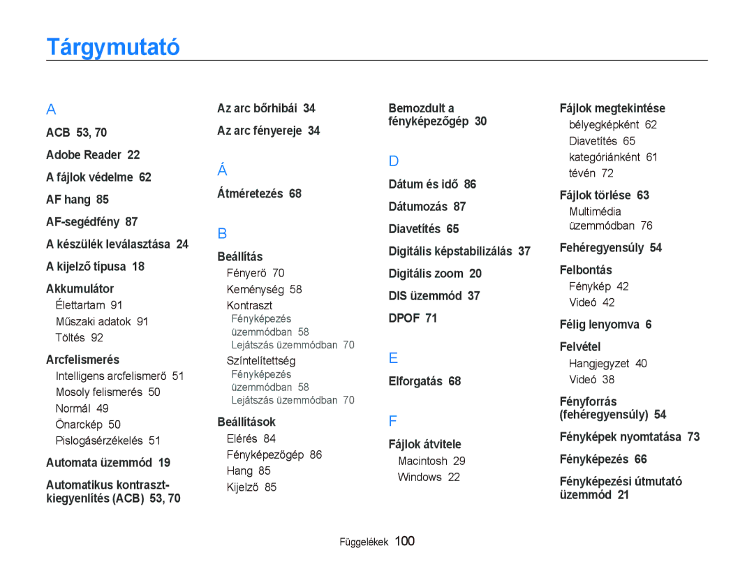 Samsung EC-PL10ZABP/E3 manual Tárgymutató 