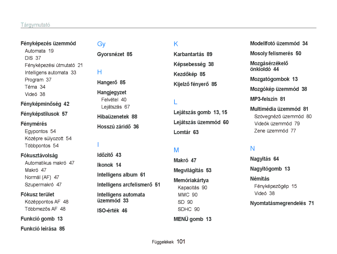 Samsung EC-PL10ZABP/E3 manual Tárgymutató 