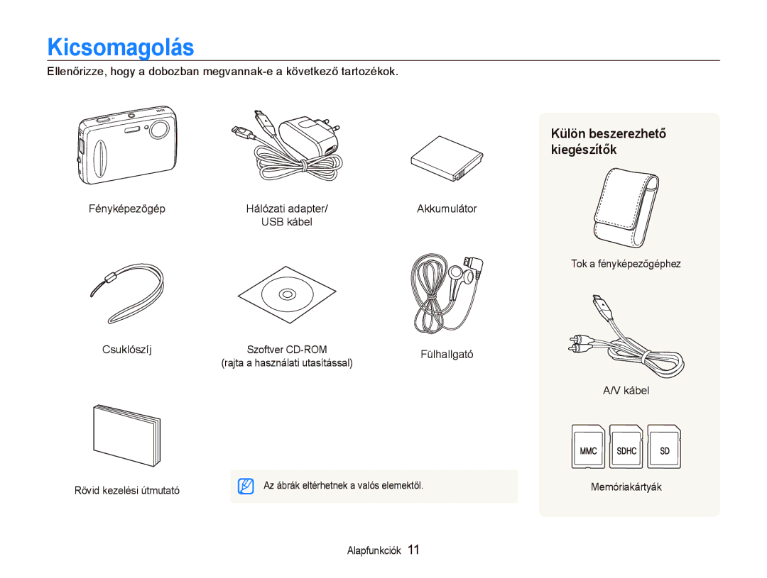 Samsung EC-PL10ZABP/E3 manual Kicsomagolás, Fényképezőgép, Tok a fényképezőgéphez Csuklószíj, Kábel Rövid kezelési útmutató 