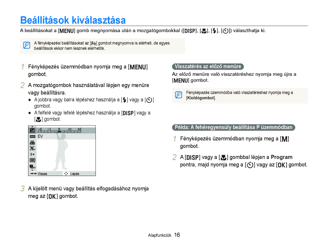 Samsung EC-PL10ZABP/E3 manual Beállítások kiválasztása, Visszatérés az előző menüre 