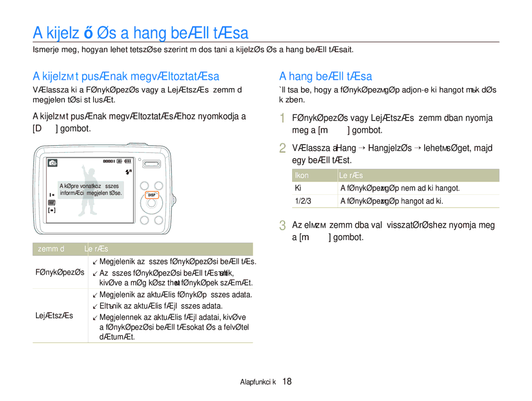 Samsung EC-PL10ZABP/E3 manual Kijelző és a hang beállítása, Kijelző típusának megváltoztatása, Hang beállítása 