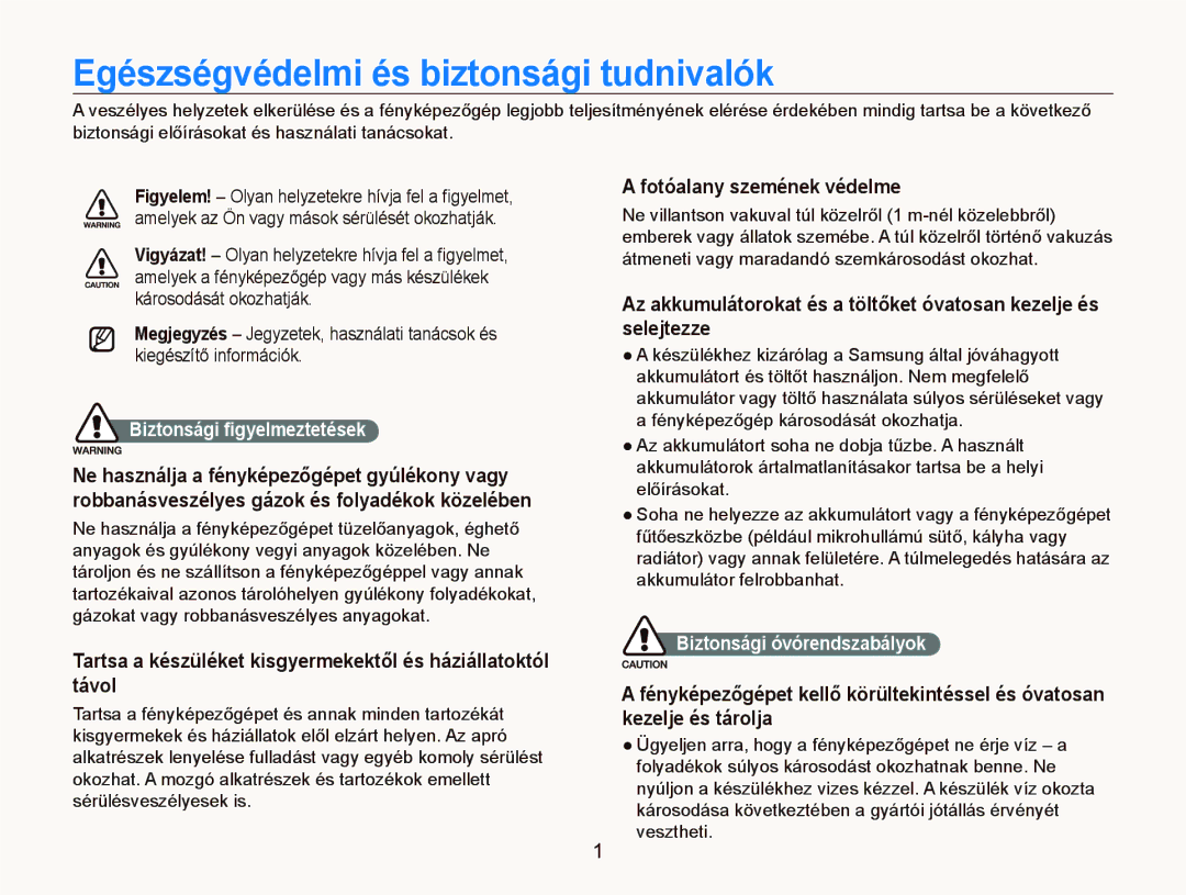 Samsung EC-PL10ZABP/E3 Egészségvédelmi és biztonsági tudnivalók, Fotóalany szemének védelme, Biztonsági ﬁgyelmeztetések 