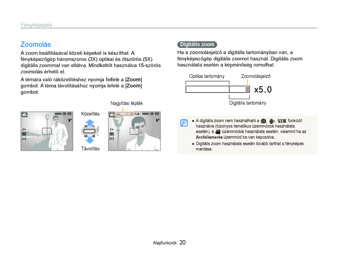 Samsung EC-PL10ZABP/E3 manual Zoomolás, Fényképezés, Digitális zoom, Távolítás, Digitális tartomány 