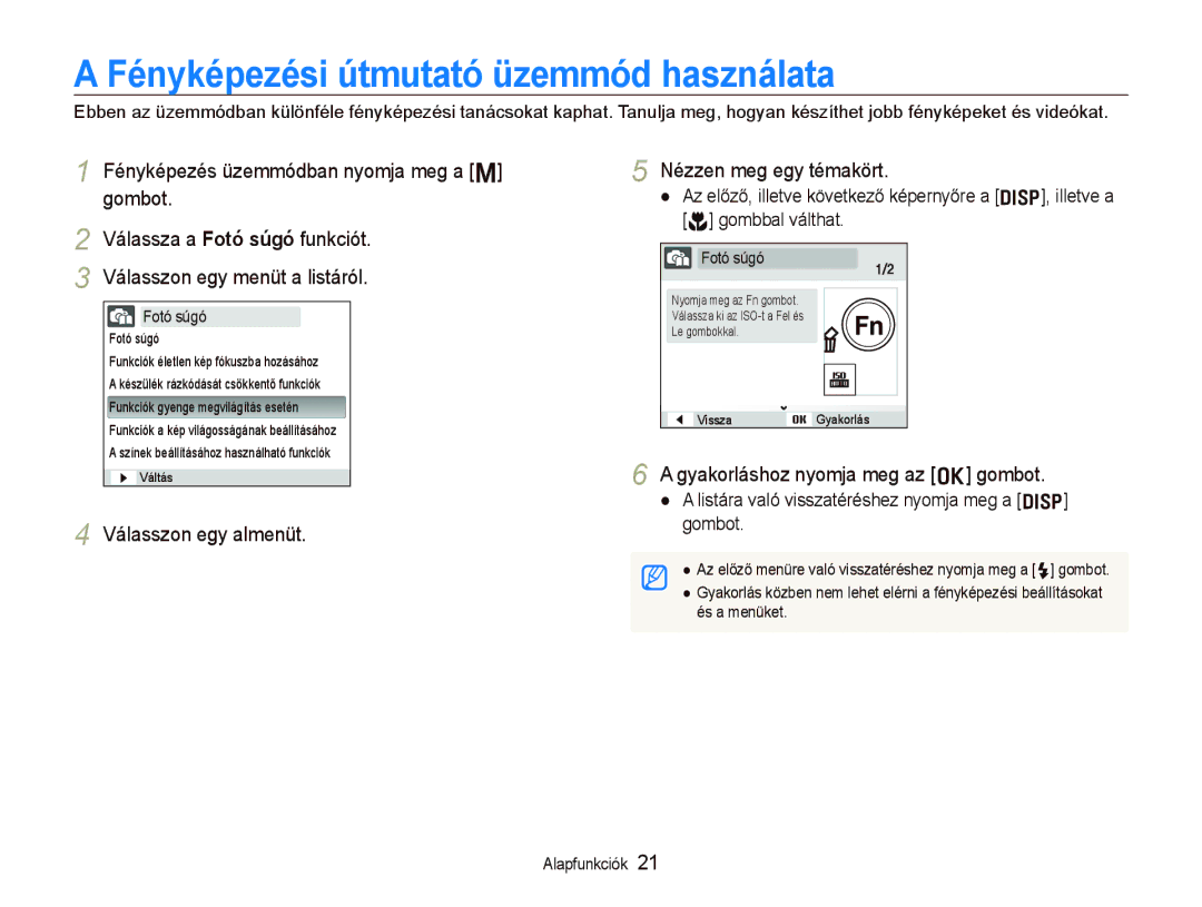 Samsung EC-PL10ZABP/E3 manual Fényképezési útmutató üzemmód használata, Válasszon egy almenüt Nézzen meg egy témakört 