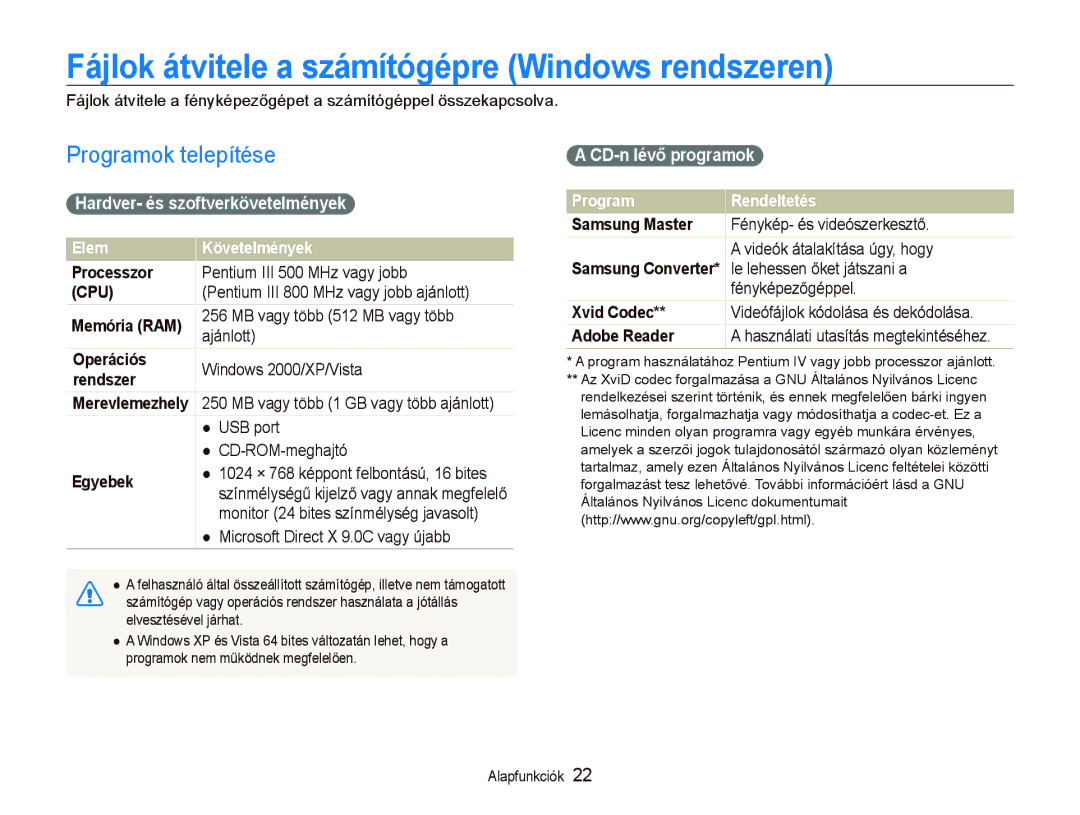 Samsung EC-PL10ZABP/E3 manual Fájlok átvitele a számítógépre Windows rendszeren, Programok telepítése, CD-n lévő programok 