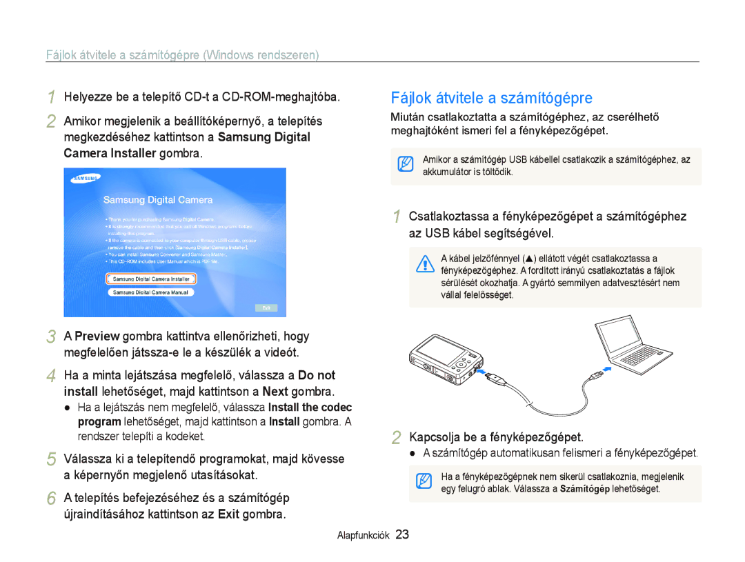 Samsung EC-PL10ZABP/E3 manual Fájlok átvitele a számítógépre Windows rendszeren, Camera Installer gombra 