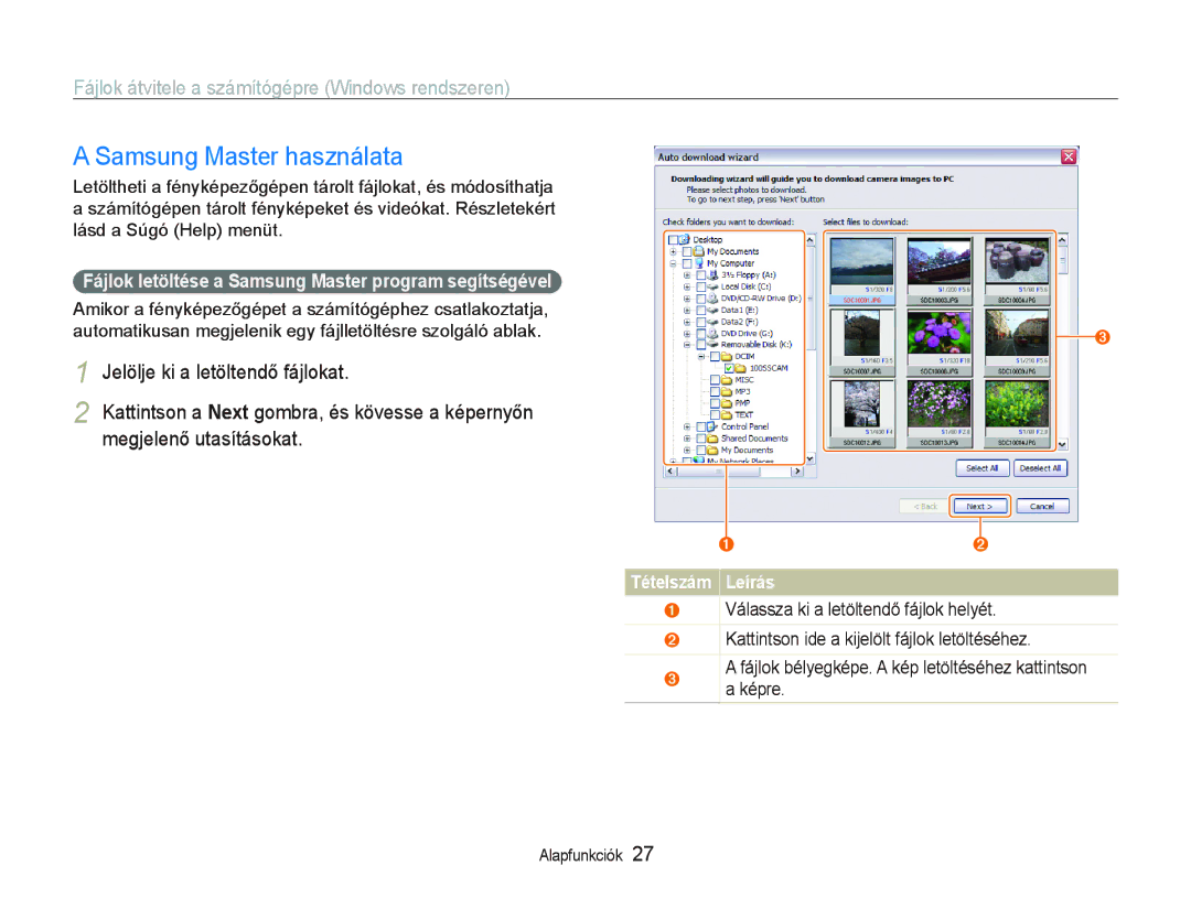 Samsung EC-PL10ZABP/E3 Samsung Master használata, Fájlok letöltése a Samsung Master program segítségével, Tételszám Leírás 