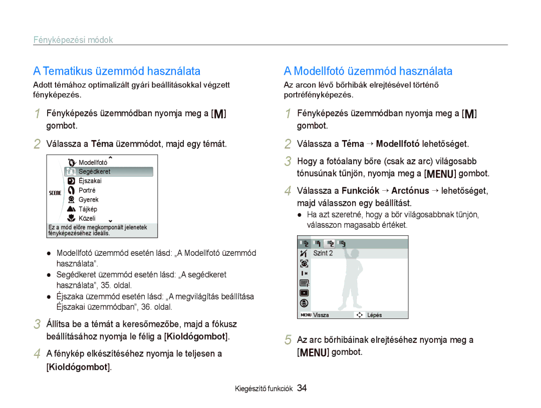 Samsung EC-PL10ZABP/E3 manual Tematikus üzemmód használata, Modellfotó üzemmód használata, Fényképezési módok 