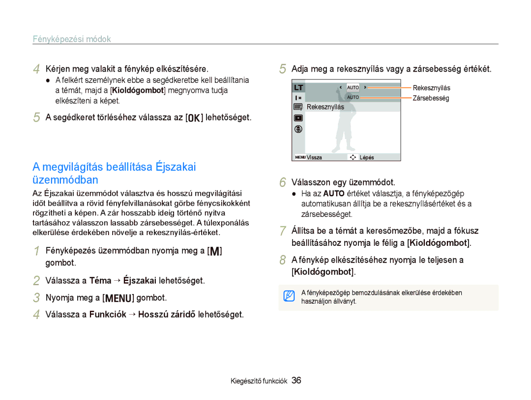 Samsung EC-PL10ZABP/E3 manual Megvilágítás beállítása Éjszakai üzemmódban, Kérjen meg valakit a fénykép elkészítésére 