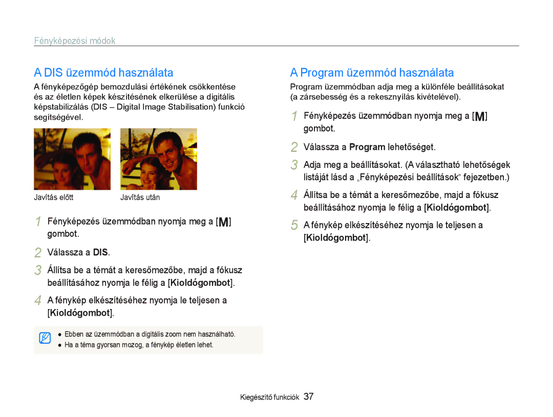 Samsung EC-PL10ZABP/E3 manual DIS üzemmód használata, Program üzemmód használata, Kioldógombot 