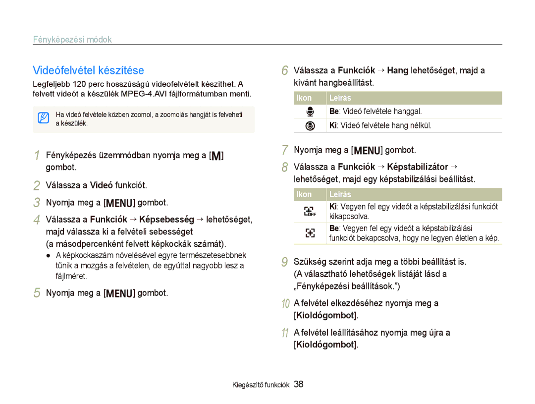 Samsung EC-PL10ZABP/E3 manual Videófelvétel készítése, Másodpercenként felvett képkockák számát 