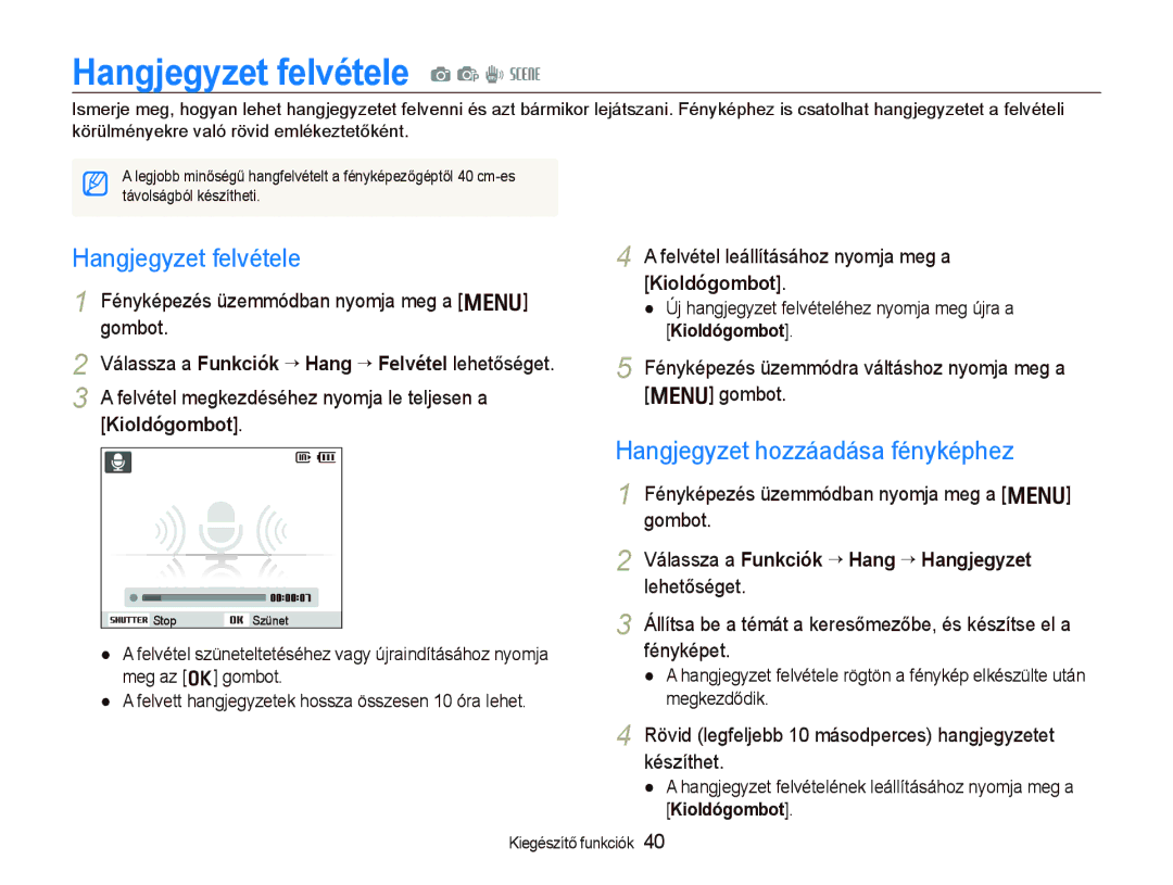 Samsung EC-PL10ZABP/E3 manual Hangjegyzet felvétele a p d s, Hangjegyzet hozzáadása fényképhez 