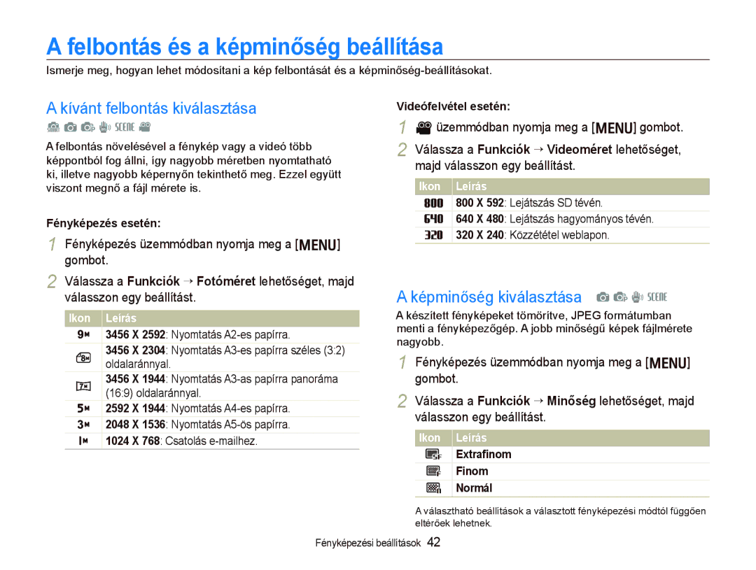 Samsung EC-PL10ZABP/E3 manual Felbontás és a képminőség beállítása, Kívánt felbontás kiválasztása 