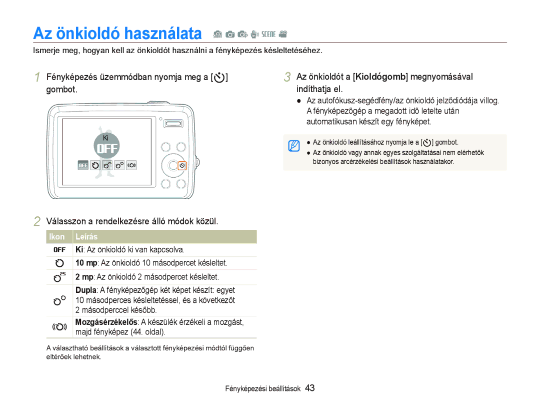 Samsung EC-PL10ZABP/E3 manual Az önkioldó használata S a p d s, Válasszon a rendelkezésre álló módok közül 