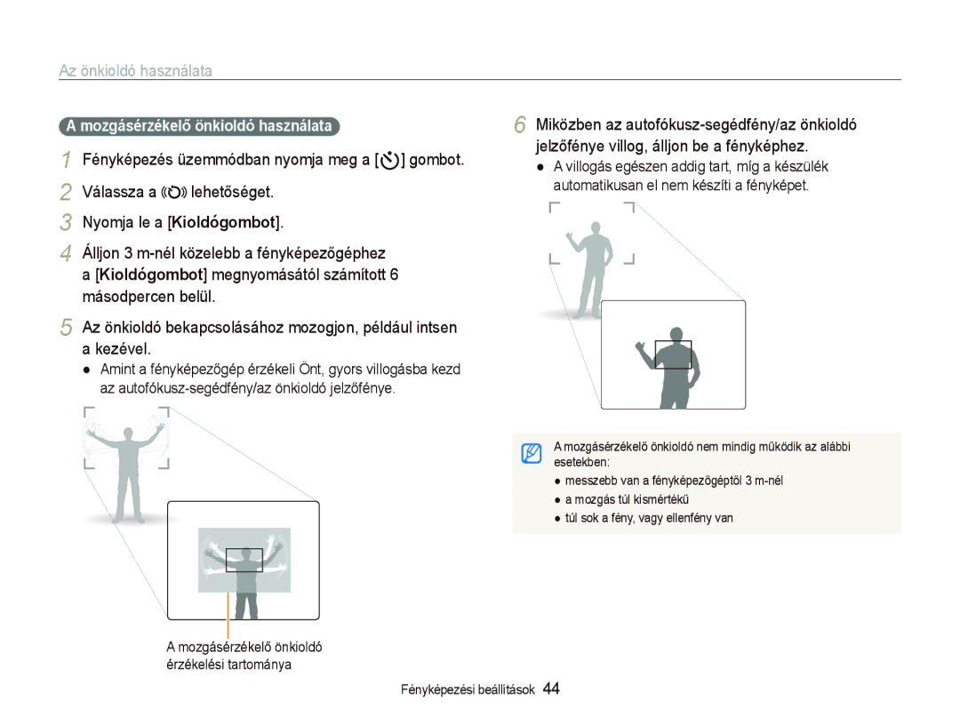 Samsung EC-PL10ZABP/E3 manual Az önkioldó használata, Mozgásérzékelő önkioldó használata 