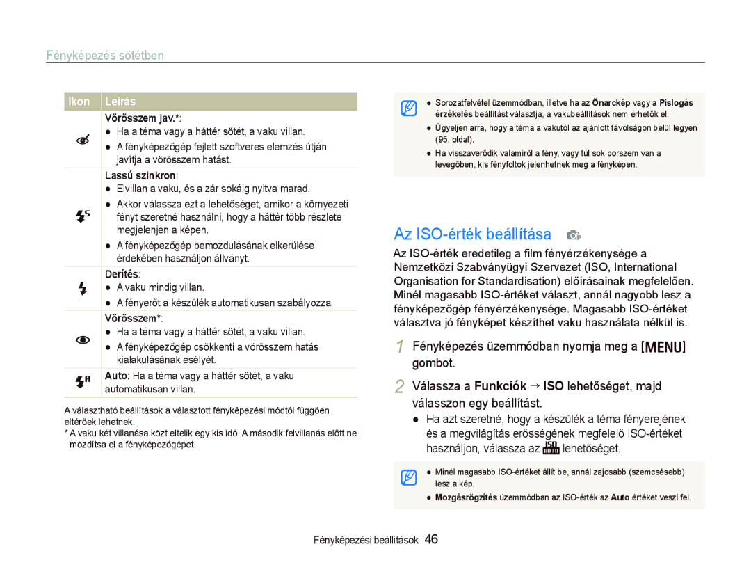 Samsung EC-PL10ZABP/E3 manual Az ISO-érték beállítása p, Fényképezés sötétben 