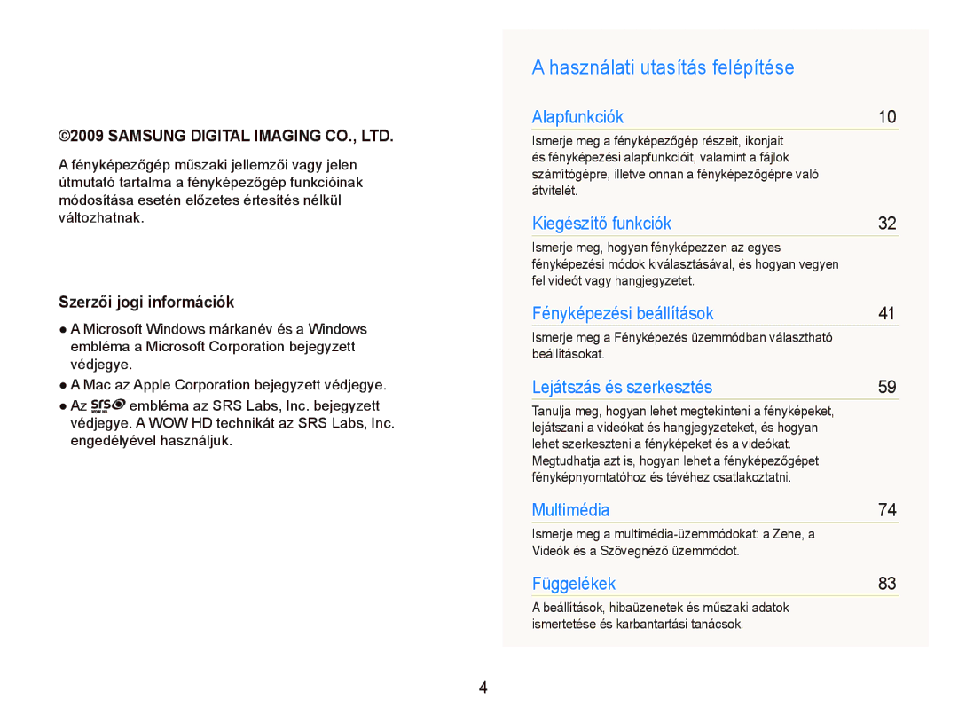 Samsung EC-PL10ZABP/E3 manual Használati utasítás felépítése, Szerzői jogi információk 