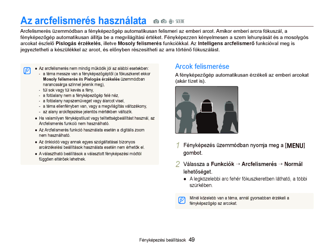 Samsung EC-PL10ZABP/E3 manual Az arcfelismerés használata a p d s, Arcok felismerése 