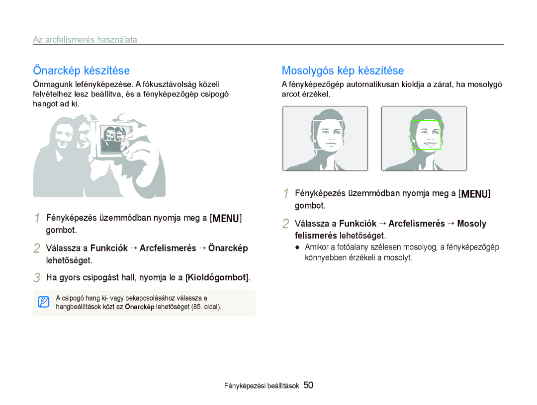 Samsung EC-PL10ZABP/E3 manual Önarckép készítése, Mosolygós kép készítése, Az arcfelismerés használata 