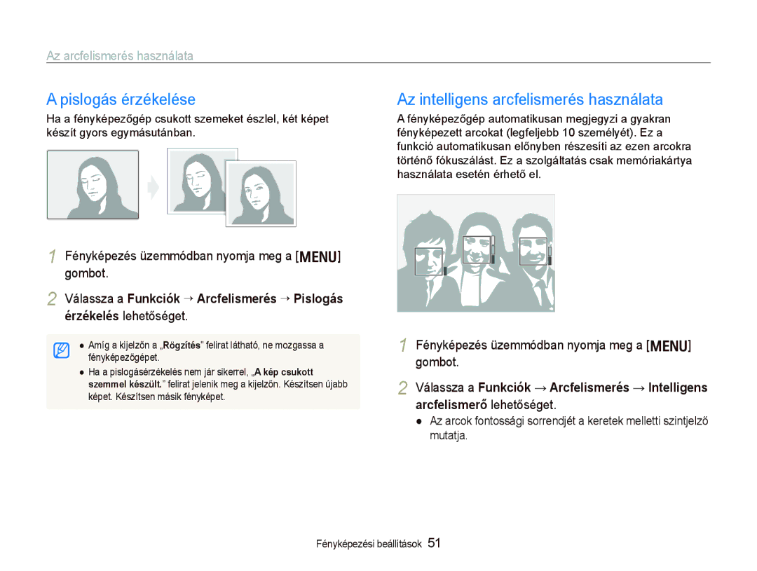 Samsung EC-PL10ZABP/E3 manual Pislogás érzékelése, Az intelligens arcfelismerés használata, Érzékelés lehetőséget 