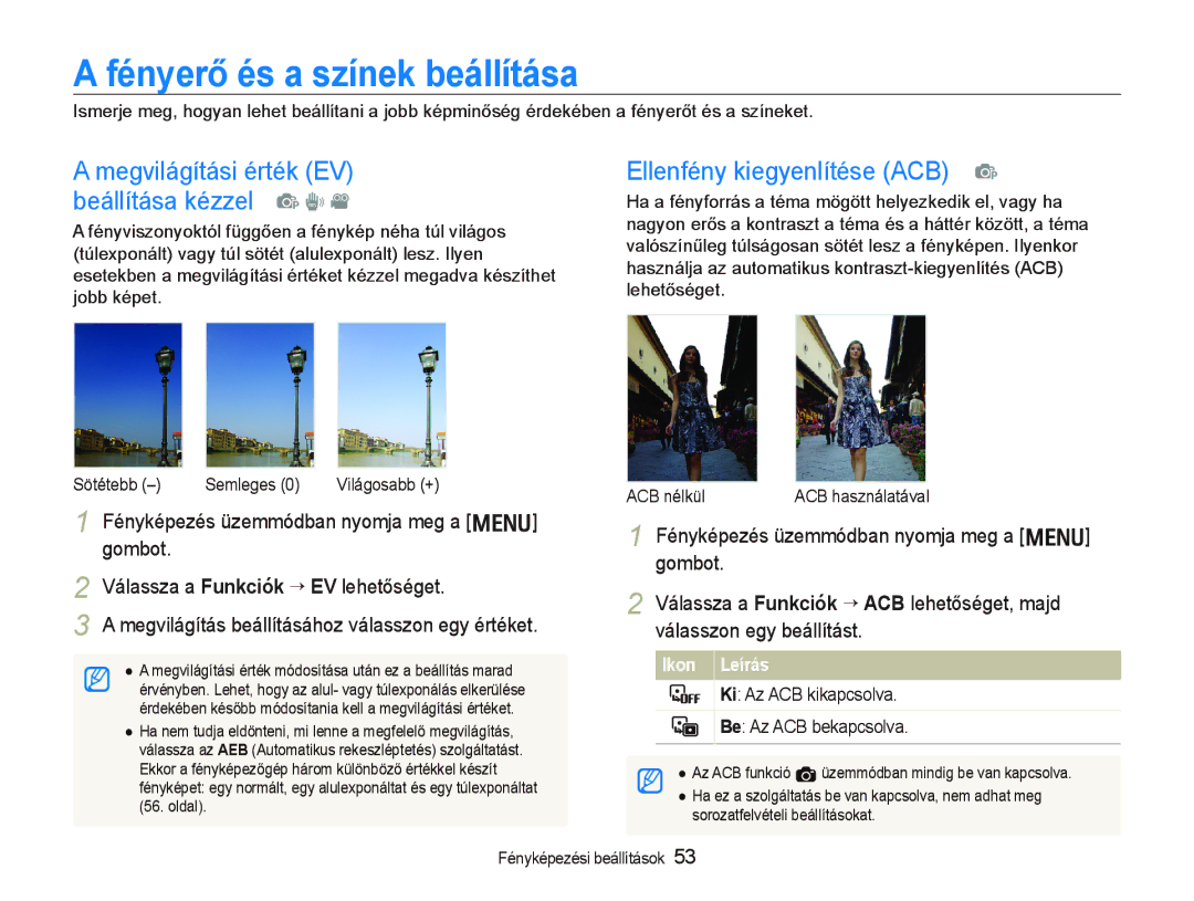 Samsung EC-PL10ZABP/E3 manual Fényerő és a színek beállítása, Megvilágítási érték EV beállítása kézzel p d 