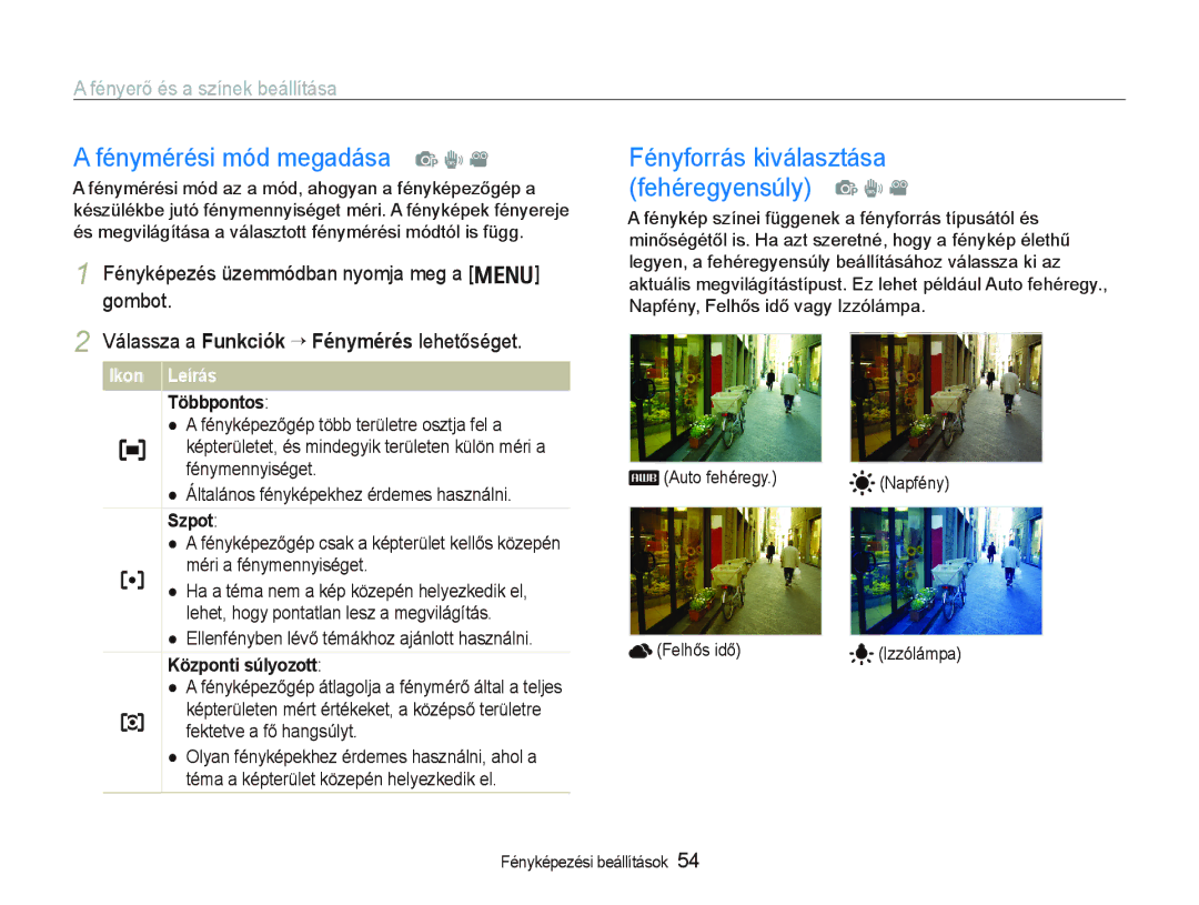 Samsung EC-PL10ZABP/E3 manual Fénymérési mód megadása p d, Fényforrás kiválasztása fehéregyensúly p d 