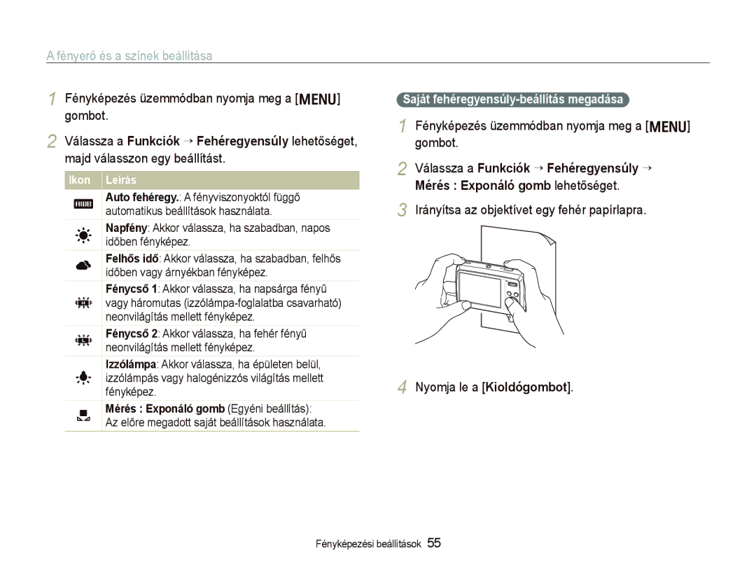 Samsung EC-PL10ZABP/E3 manual Saját fehéregyensúly-beállítás megadása, Mérés Exponáló gomb Egyéni beállítás 