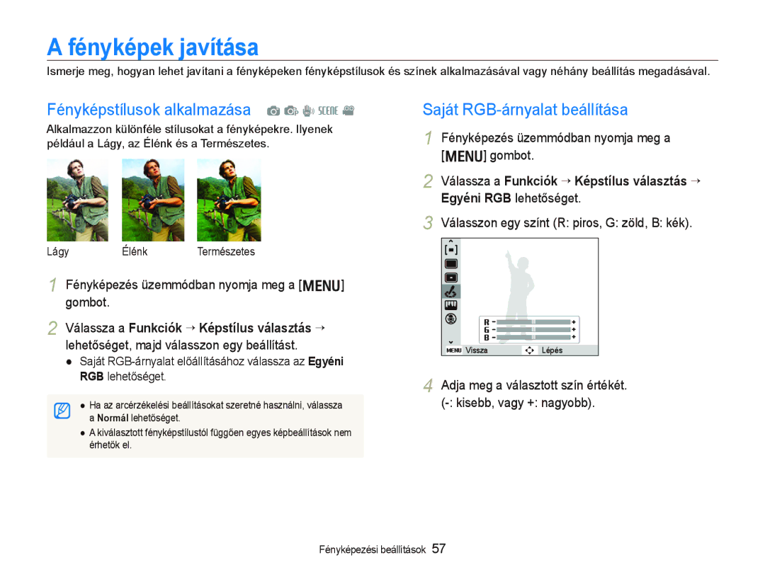 Samsung EC-PL10ZABP/E3 manual Fényképek javítása, Fényképstílusok alkalmazása a p d s, Saját RGB-árnyalat beállítása 