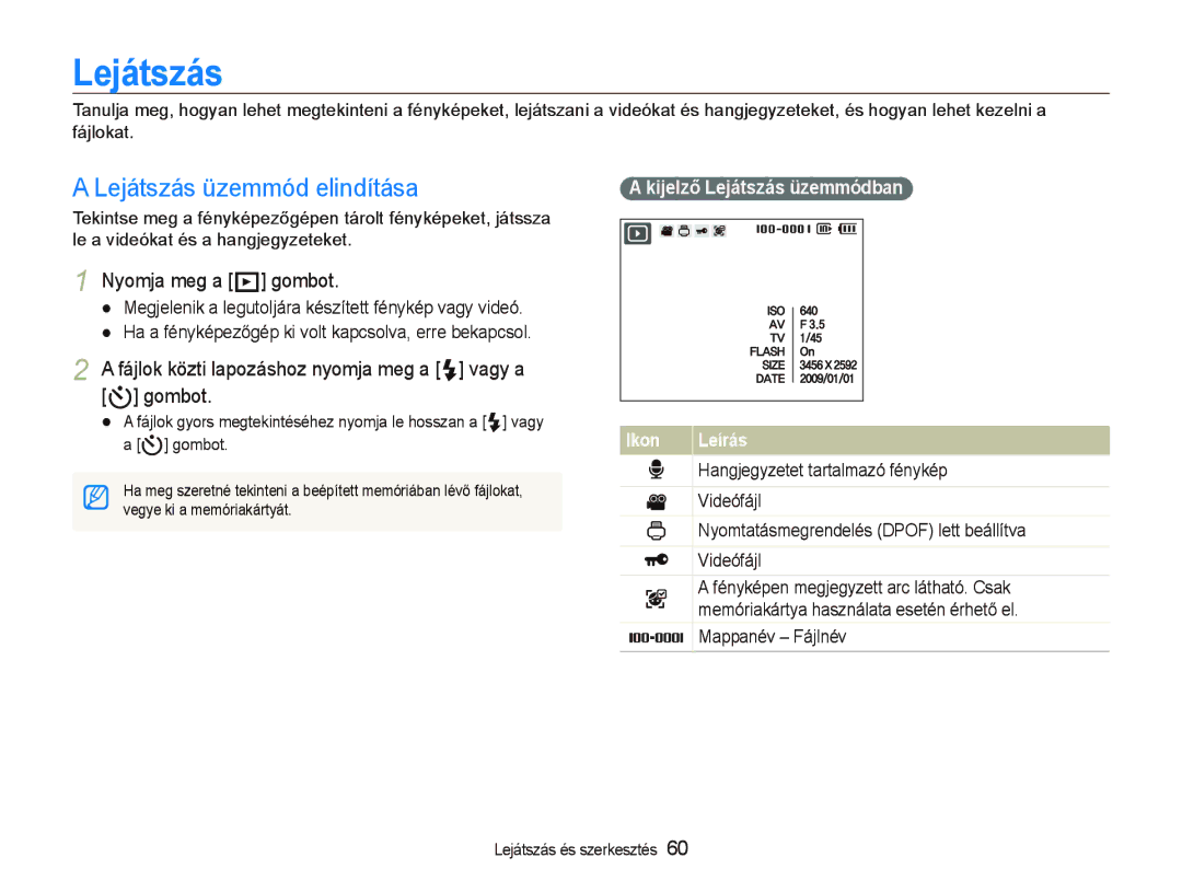 Samsung EC-PL10ZABP/E3 manual Lejátszás, Nyomja meg a P gombot, Fájlok közti lapozáshoz nyomja meg a F vagy a t gombot 