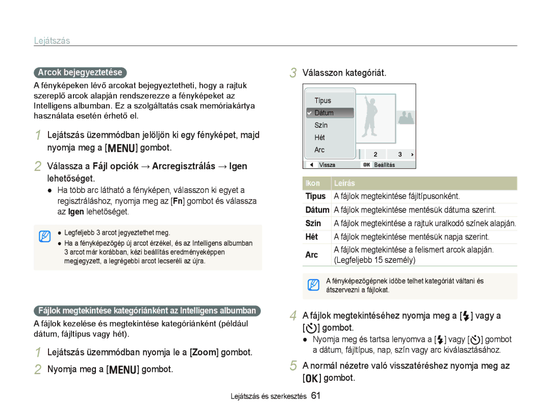 Samsung EC-PL10ZABP/E3 manual Lejátszás, Válassza a Fájl opciók → Arcregisztrálás → Igen lehetőséget, Válasszon kategóriát 