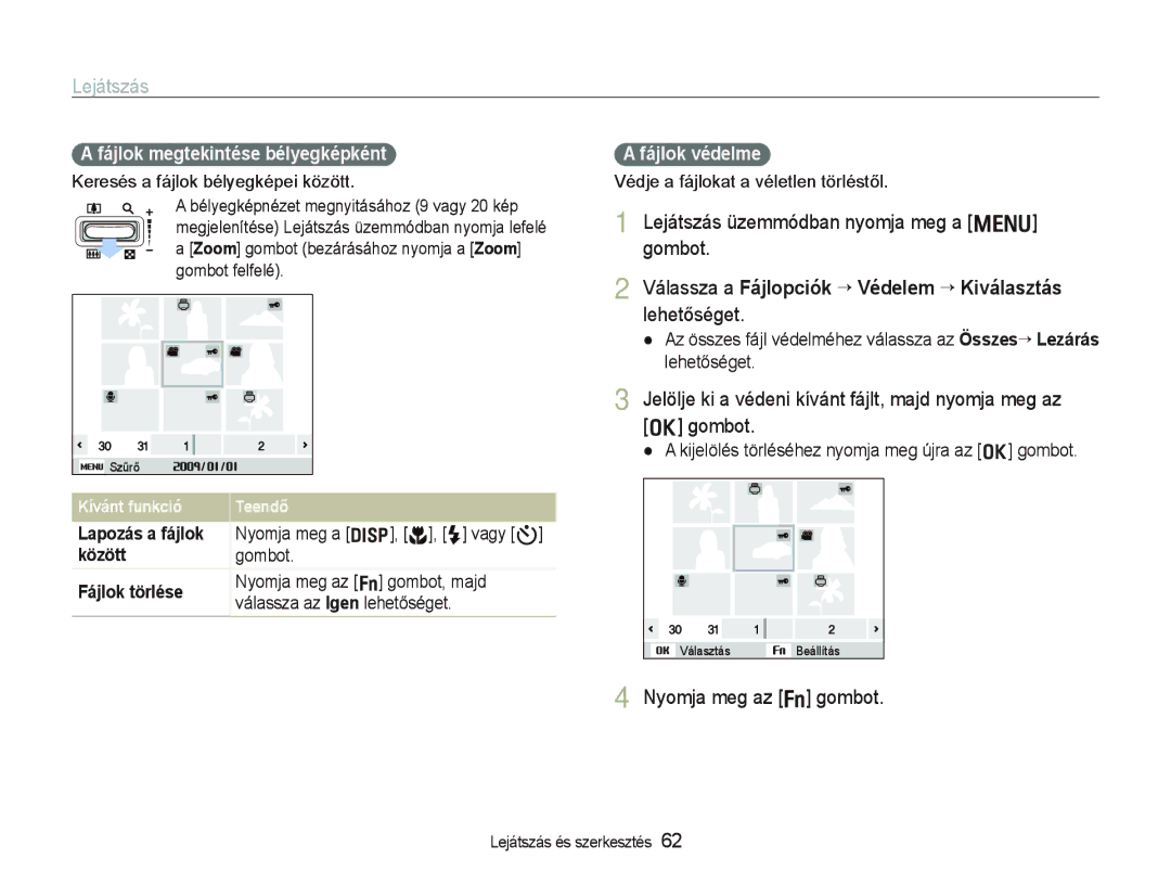 Samsung EC-PL10ZABP/E3 manual Lejátszás üzemmódban nyomja meg a m gombot, Nyomja meg az f gombot, Fájlok védelme 