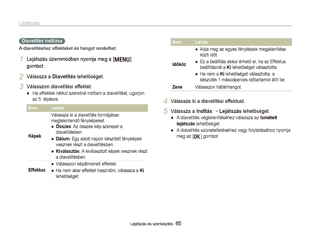 Samsung EC-PL10ZABP/E3 manual Diavetítés indítása, Képek, Effektus, Időköz 