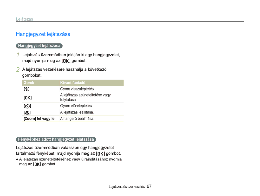 Samsung EC-PL10ZABP/E3 manual Hangjegyzet lejátszása, Fényképhez adott hangjegyzet lejátszása, Lejátszás leállítása 