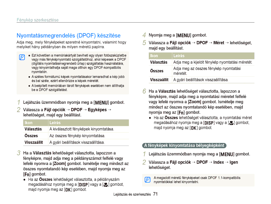 Samsung EC-PL10ZABP/E3 manual Nyomtatásmegrendelés Dpof készítése, Összes, Visszaállít, Választás 