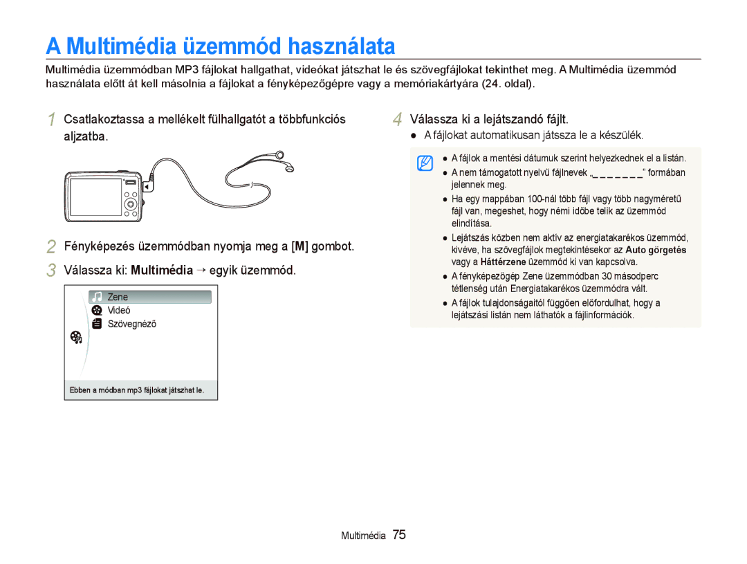 Samsung EC-PL10ZABP/E3 manual Multimédia üzemmód használata, Válassza ki Multimédia “ egyik üzemmód 