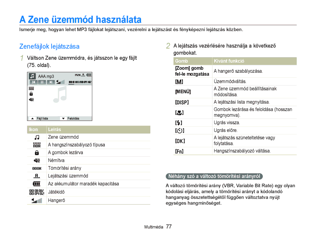 Samsung EC-PL10ZABP/E3 manual Zene üzemmód használata, Zenefájlok lejátszása, Néhány szó a változó tömörítési arányról 