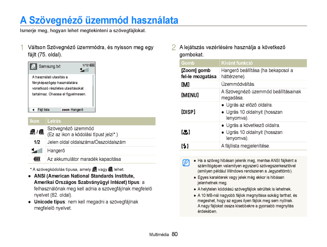 Samsung EC-PL10ZABP/E3 manual Szövegnéző üzemmód használata, Ikon 