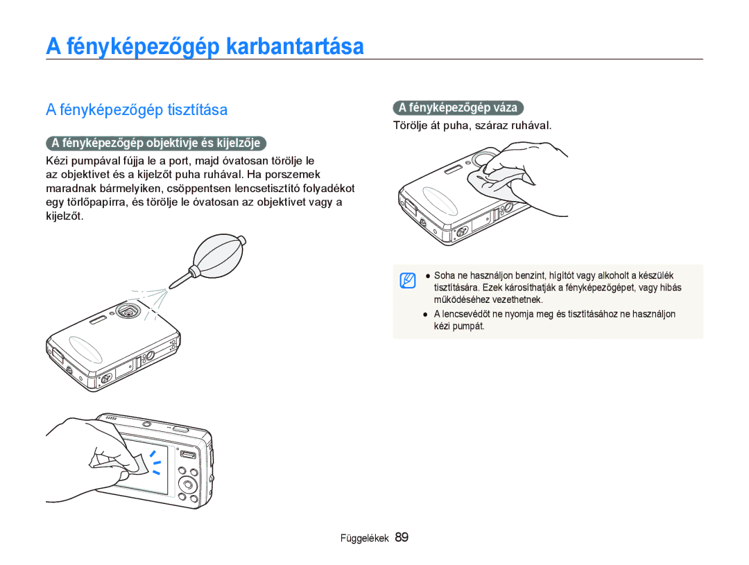 Samsung EC-PL10ZABP/E3 manual Fényképezőgép karbantartása, Fényképezőgép tisztítása, Fényképezőgép objektívje és kijelzője 