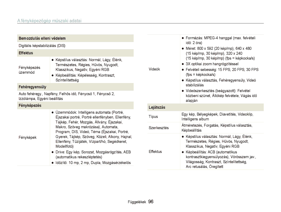 Samsung EC-PL10ZABP/E3 manual Fényképezőgép műszaki adatai, Bemozdulás elleni védelem, Fehéregyensúly, Fényképezés 