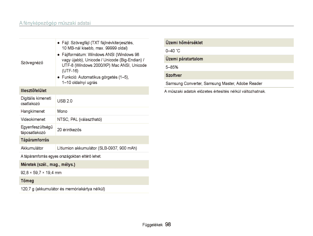 Samsung EC-PL10ZABP/E3 manual Üzemi hőmérséklet, Üzemi páratartalom, Szoftver, Illesztőfelület, Tápáramforrás, Tömeg 