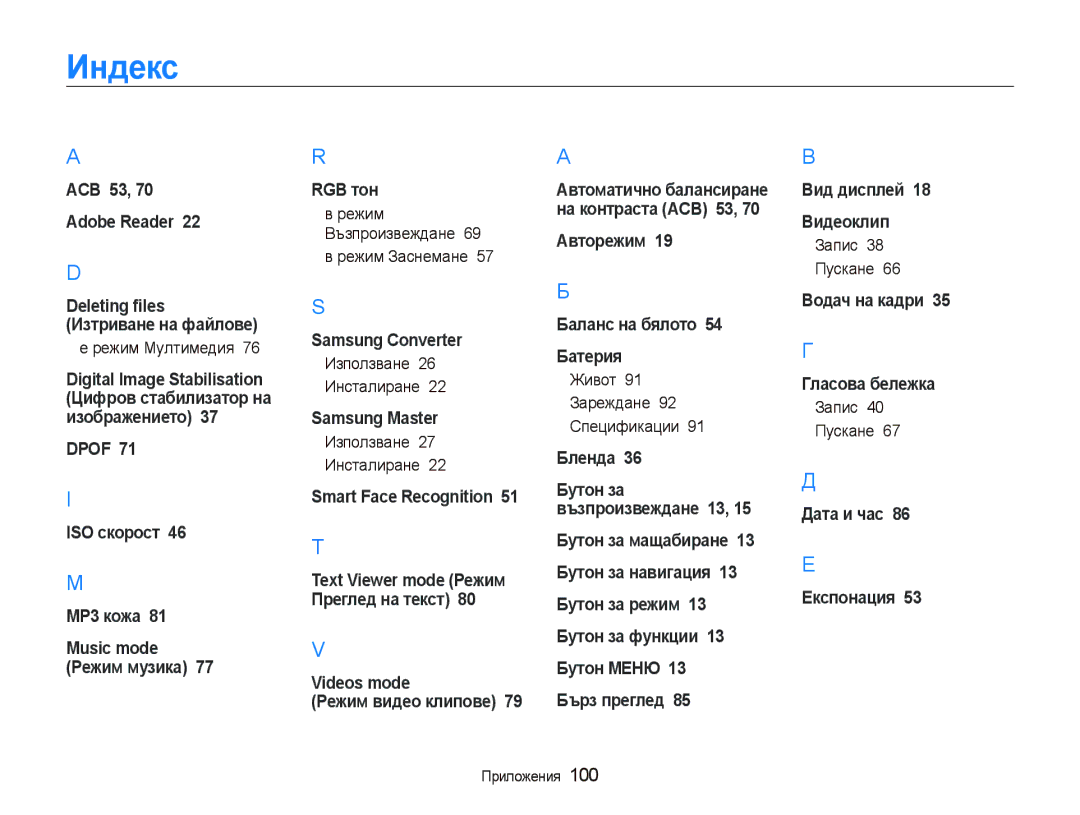 Samsung EC-PL10ZPBP/E3 manual Индɟкɫ, Режим Мултимедия, Режим Възпроизвеждане Режим Заснемане, Използване 26 Инсталиране 