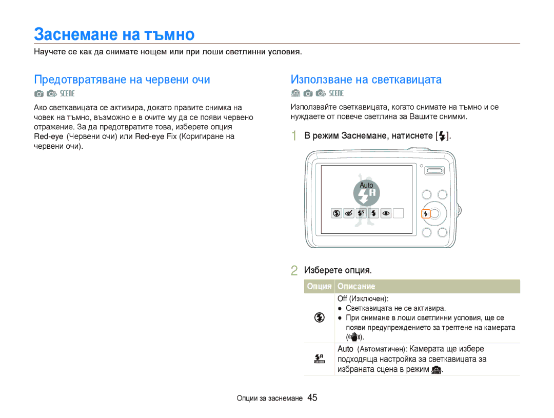 Samsung EC-PL10ZPBP/E3, EC-PL10ZBBP/E3 manual Зɚɫнɟмɚнɟ нɚ тъмнɨ, Предотвратяване на червени очи, Използване на светкавицата 