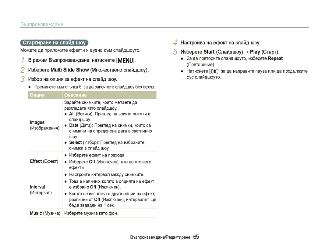 Samsung EC-PL10ZPBP/E3, EC-PL10ZBBP/E3, EC-PL10ZRBP/E3 manual Ɋтɚɪтиɪɚнɟ нɚ ɫлɚɣд шɨɭ, Images, Effect Ефект, Interval 