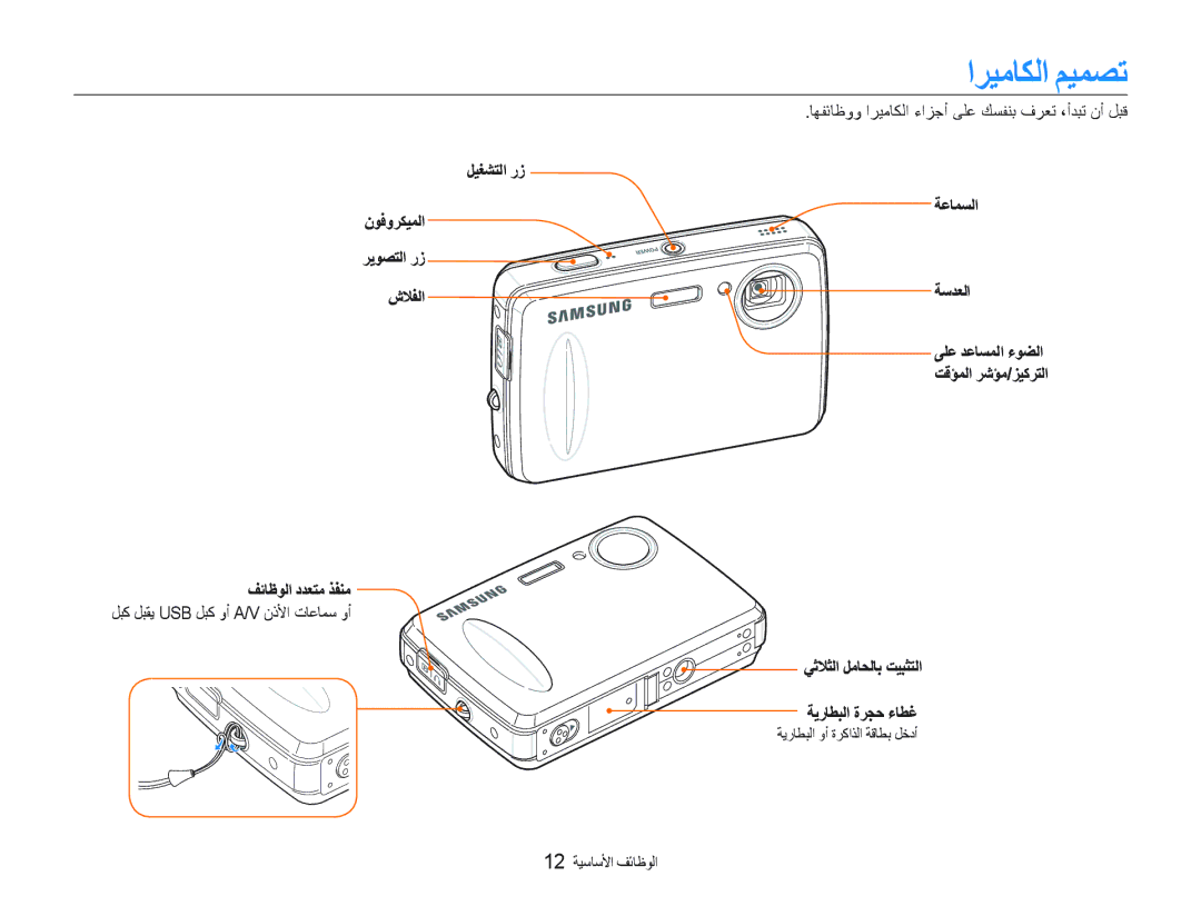 Samsung EC-PL10ZABP/SA, EC-PL10ZBBP/ME manual ﺍﺮﻴﻣﺎﻜﻟﺍ ﻢﻴﻤﺼﺗ, ﻞﻴﻐﺸﺘﻟﺍ ﺭﺯ ﻥﻮﻓﻭﺮﻜﻴﻤﻟﺍ ﺮﻳﻮﺼﺘﻟﺍ ﺭﺯ ﺵﻼﻔﻟﺍ ﻒﺋﺎﻇﻮﻟﺍ ﺩﺪﻌﺘﻣ ﺬﻔﻨﻣ 