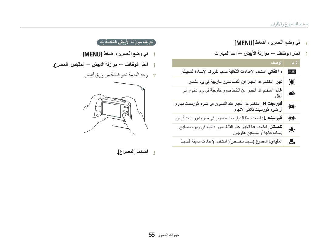 Samsung EC-PL10ZLBP/ME, EC-PL10ZBBP/ME manual ﺾﻴﺑﺃ ﻕﺭﻭ ﻦﻣ ﺔﻌﻄﻗ ﻮﺤﻧ ﺔﺳﺪﻌﻟﺍ ﻪﺟﻭ, ﻉﺍﺮﺼﻤﻟﺍ ﻂﻐﺿﺍ ﻂﻐﺿﺍ ،ﺮﻳﻮﺼﺘﻟﺍ ﻊﺿﻭ ﻲﻓ 