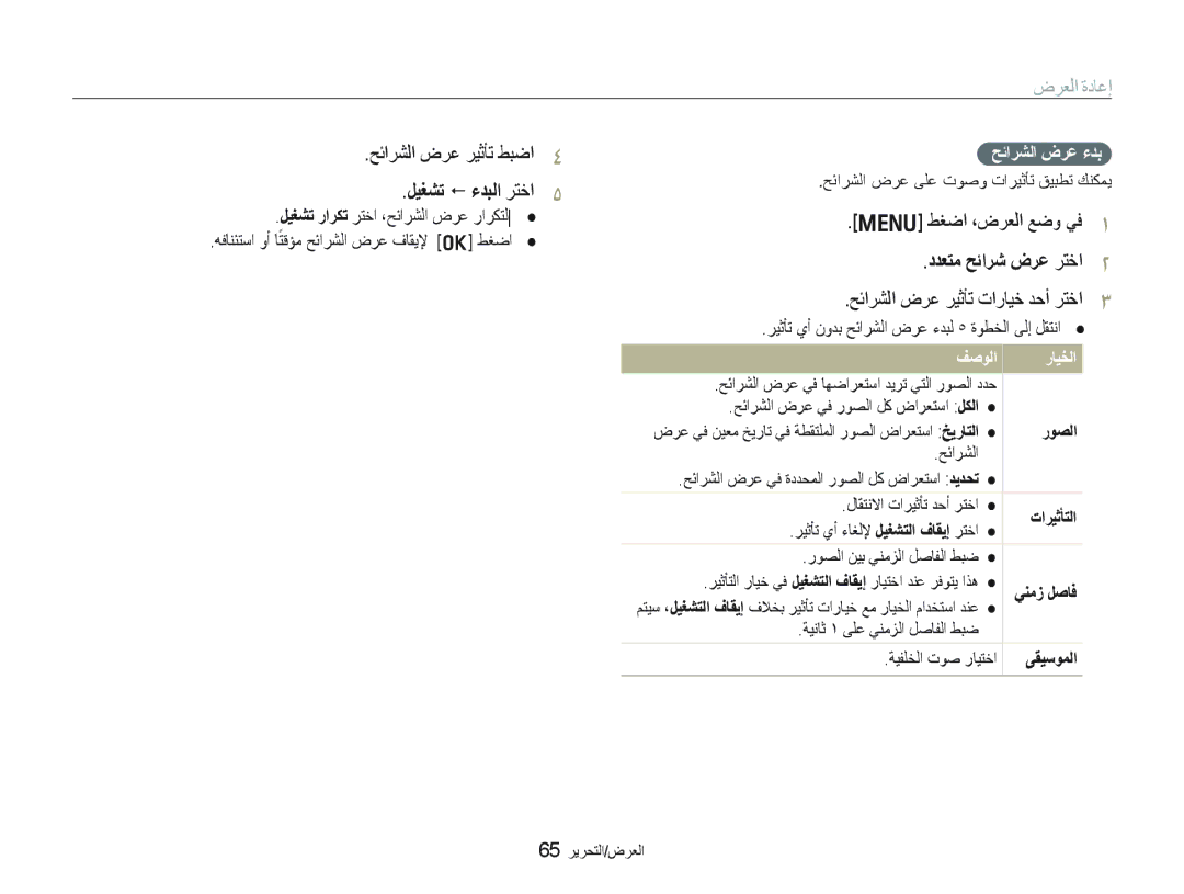 Samsung EC-PL10ZRDP/ME manual ﻞﻴﻐﺸﺗ  ءﺪﺒﻟﺍ ﺮﺘﺧﺍ, ﺩﺪﻌﺘﻣ ﺢﺋﺍﺮﺷ ﺽﺮﻋ ﺮﺘﺧﺍ, ﺢﺋﺍﺮﺸﻟﺍ ﺽﺮﻋ ﺮﻴﺛﺄﺗ ﺕﺍﺭﺎﻴﺧ ﺪﺣﺃ ﺮﺘﺧﺍ, ﺢﺋﺍﺮﺸﻟﺍ ﺽﺮﻋ ءﺪﺑ 