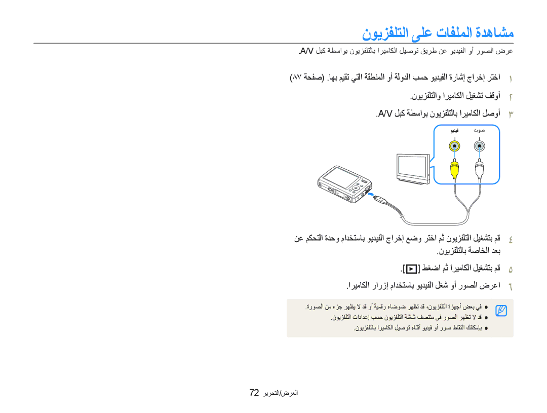 Samsung EC-PL10ZRBP/ME, EC-PL10ZBBP/ME manual ﻥﻮﻳﺰﻔﻠﺘﻟﺍ ﻰﻠﻋ ﺕﺎﻔﻠﻤﻟﺍ ﺓﺪﻫﺎﺸﻣ, ﻥﻮﻳﺰﻔﻠﺘﻟﺎﺑ ﺔﺻﺎﺨﻟﺍ ﺪﻌﺑ ﻂﻐﺿﺍ ﻢﺛ ﺍﺮﻴﻣﺎﻜﻟﺍ ﻞﻴﻐﺸﺘﺑ ﻢﻗ 