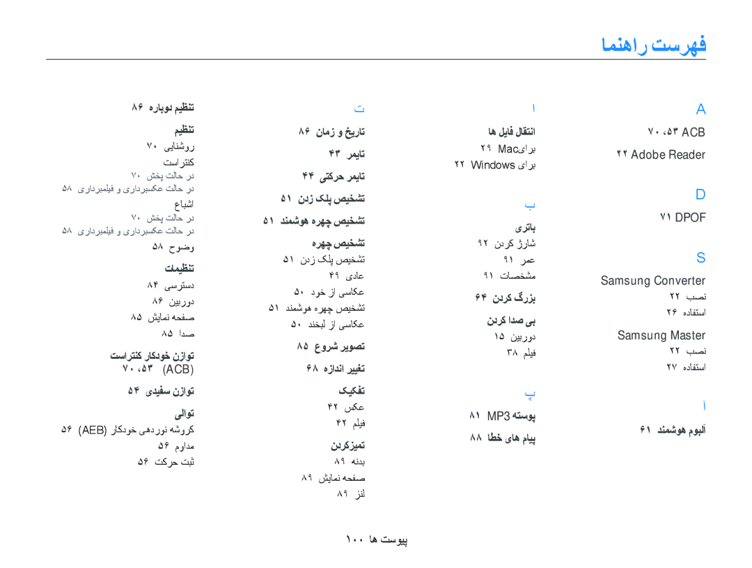 Samsung EC-PL10ZLBP/ME, EC-PL10ZBBP/ME, EC-PL10ZRBP/ME, EC-PL10ZRDP/ME, EC-PL10ZABP/SA manual ﺎﻤﻨﻫﺍﺭ ﺖﺳﺮﻬﻓ, ١٠٠ ﺎﻫ ﺖﺳﻮﻴﭘ 