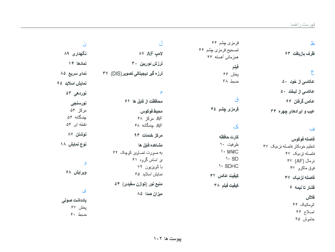 Samsung EC-PL10ZABP/SA, EC-PL10ZBBP/ME, EC-PL10ZRBP/ME, EC-PL10ZLBP/ME, EC-PL10ZRDP/ME, EC-PL10ZRBP/SA manual ١٠٢ ﺎﻫ ﺖﺳﻮﻴﭘ 